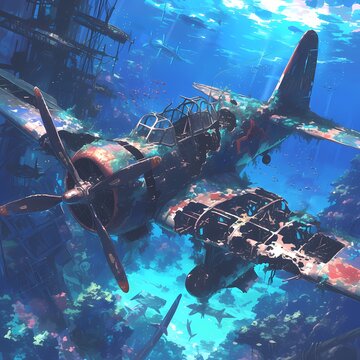 Explore the Past: Submerged World War II Airplane in Underwater Setting