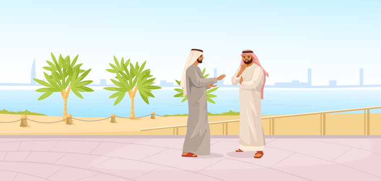 Two men in traditional Arabian clothing talking on a promenade with palm trees and a waterfront cityscape in the background. Vector illustration