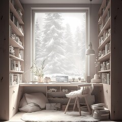 A serene workspace in a traditional Scandinavian home office featuring modern furniture and a stunning snowy forest view outside the window.
