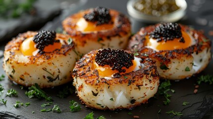   A black plate holds four scallops, each topped with black cauliflower Orange sauce caps the scallops