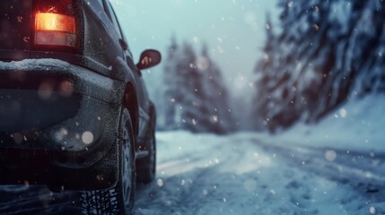 Car Closeup driving on a snowy road - obrazy, fototapety, plakaty