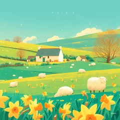 Poster Peaceful Countryside Landscape with a Stone Cottage and Sheep Grazing on Rolling Hillsides © RobertGabriel