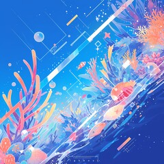 Fototapeta na wymiar Explore the vivid depths of an abstract underwater world, where geometric shapes and coral reefs intertwine in a symphony of color and form.