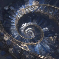 Sapphire Splendor: Elegant and Majestic Spiral Staircase Set Against a Starry Sky