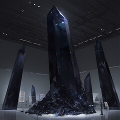 Gorgeous Collection of Blue-Black Obsidian Obelisks on Display in Contemporary Art Gallery - obrazy, fototapety, plakaty