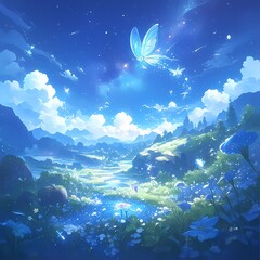 Fototapeta na wymiar Enchanting Nightscape: A Fairy Tale Meadow with Glowing Flora and Fauna