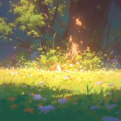 A serene small sunlit meadow nestled in a magical forest with flowers blooming and a cute bunny resting.