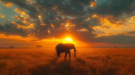   An elephant stands in a field as the sun sets, casting long shadows; clouds scatter across the sky