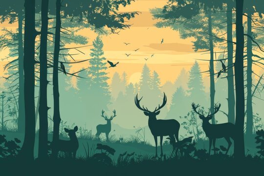 Serene Forest Wildlife Silhouette at Sunset, Nature Background