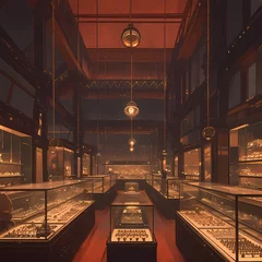 Fotobehang Burgundy-Hued Jeweler's Shop with Elegant Display Cases © RobertGabriel