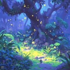 Obraz na płótnie Canvas Enchanted Nighttime Forest with Twinkling Fireflies and Glowing Mushrooms