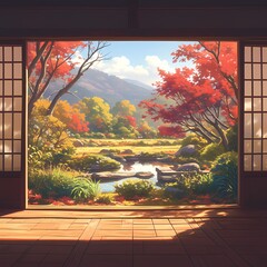 Experience the serene beauty of an autumn-colored Zen garden with this panoramic view. Perfect for tranquility and nature-themed projects.