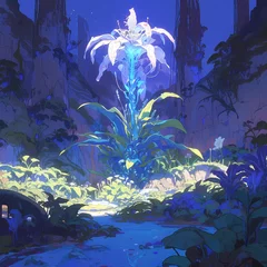 Foto op Plexiglas Ethereal Dreamscape: Towering Alien Flower in Mystical Jungle © RobertGabriel