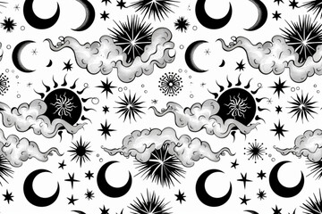 Magic seamless vector border with moons, clouds, stars and suns. Chinese gold decorative ornament. Graphic pattern for astrology, esoteric, tarot, mystic and magic. vector icon, white background, blac