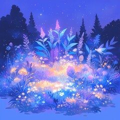 Fototapeta na wymiar Enchanting Night-Time Scene with Glowing Plants and Flowers in a Serene Woodland Setting