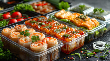 Modern Thai food lunch boxes in plastic packages