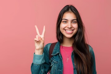 Smiling young woman in casual attire gives a peace sign, symbolizing joy and friendliness