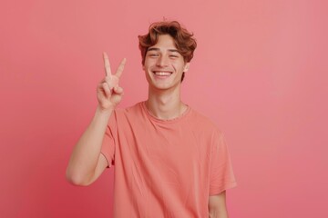 Naklejka premium Smiling young adult in a pink t-shirt displays the peace sign, standing against a complementary background