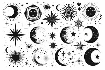 Magic moon set. Vector lunar collection with moons, stars, sunbursts. Graphic elements for astrology, esoteric, tarot, mystic and magic prints, posters, banners, pattern or backgrounds. vector icon, w