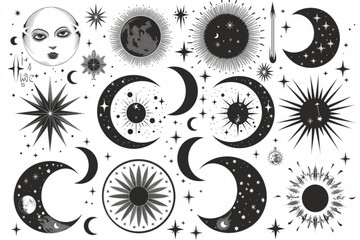 Magic moon set. Vector lunar collection with moons, stars, sunbursts. Graphic elements for astrology, esoteric, tarot, mystic and magic prints, posters, banners, pattern or backgrounds. vector icon, w