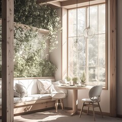 Inviting Small Dine-in Area with Wooden Furniture near a Window Filled with Greenery