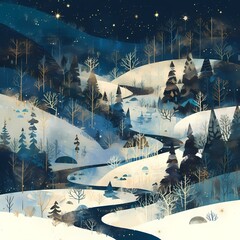 Enchanting Winter Landscape: A Serene Snow-Covered Mountainous Forest at Night – Ideal for Festive Campaigns and Holiday Themes
