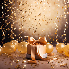 christmas background with gift box , golden ribbon and ballons decoration