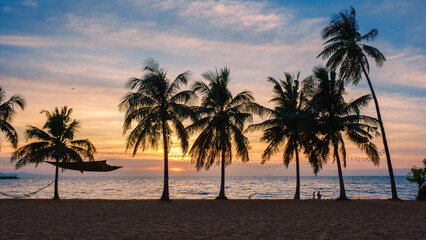 White tropical beach during sunset in Pattaya Najomtien. Palm trees at the beach during sunset