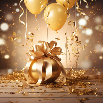 Decoration with golden ballons and ribbon