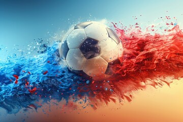 A soccer ball is surrounded by a splash of red and blue