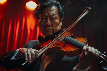 Fototapeta premium An elegant musician with a serious expression plays the violin, with intense atmospheric red stage background