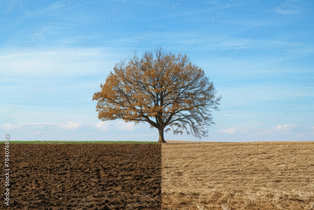 Poster tree in drought concept. climate change and environmental problems. background with selective focus