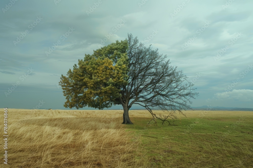 Poster tree in ecology and drought concept. climate change and record heat. background with selective focus
