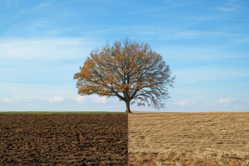 Tree in drought concept. Climate change and environmental problems. Background with selective focus