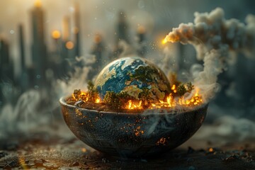 Small planet is inside bowl with smoke and fire surrounding it. Concept of disasters and...