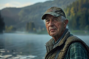 Obraz premium A mature man in outdoor attire stands confidently with a scenic lake and mountains background, inspiring adventure