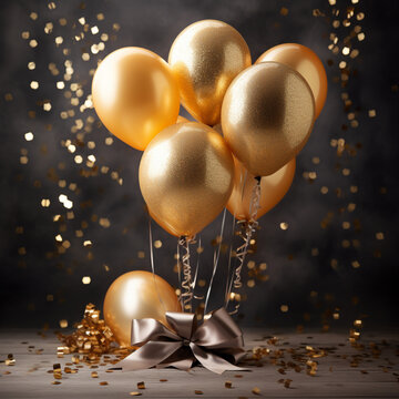 Decoration with golden ballons and ribbon