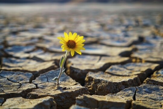 Flower growing from cracked dry soil in drought concept. Record summer heat. Background with selective focus