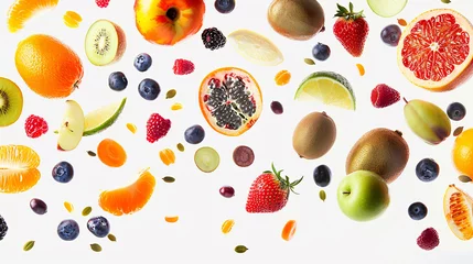 Fotobehang  várias frutas  flutuando no ar isoladas, fundo branco, espaço de cópia © Alexandre