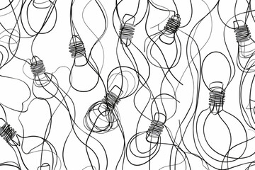 One continuous line drawing of tangled and scribble wires with light bulbs. Concept of complex problem solving process and Clarifying idea in simple linear style. Doodle vector illustration vector ico
