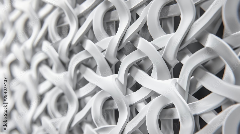 Poster close-up view of an intricate white geometric pattern design with interlocking elements and shadows