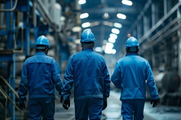 A team of professionals in blue workwear and safety helmets discuss operations in a manufacturing plant - obrazy, fototapety, plakaty