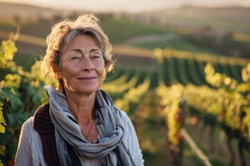 A senior woman with a pleasant smile stands among vineyard rows during sunset, showcasing tranquility and contentment