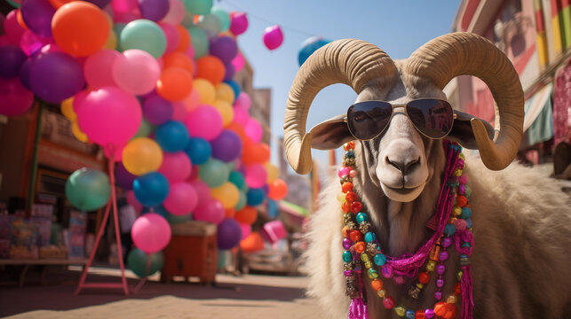 eid al adha Sheep Portrait with balloons