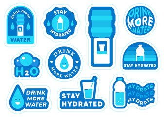 Water, hydrated stickers set. Drink more water concept. Vector flat illustartions,logo, badges, t-shirt design.