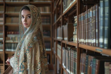 A young woman in ornate cultural wear stands thoughtfully by bookshelves in a richly appointed library