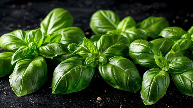   A collection of emerald basil leaves against a dark backdrop, dotted with specks atop