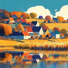 Idyllic Autumn Scene: A riverside village with quaint cottages and blooming flowers. Perfect for serene travel destinations or peaceful countryside escapes.