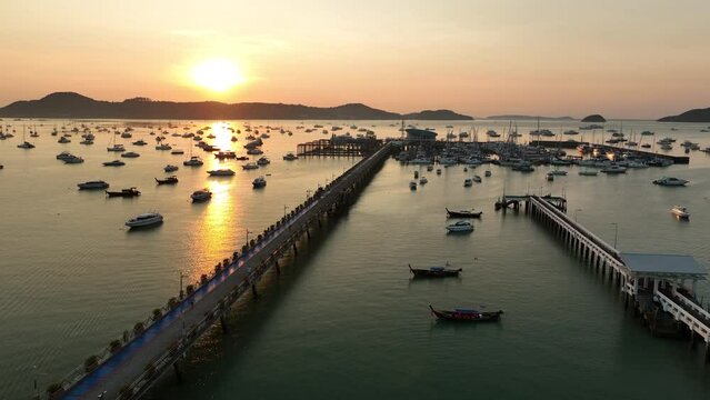 View of the bay with boats, dawn, aerial video from a drone