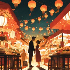 Warm Glow of Lanterns Illuminates Night Market; Couple Embraces Love and Culture